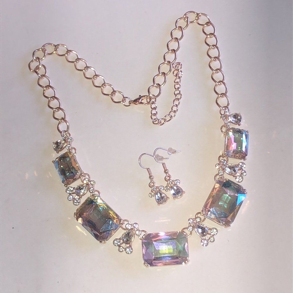Gold Tone Aurora Crystal Statement Necklace and Earring Set